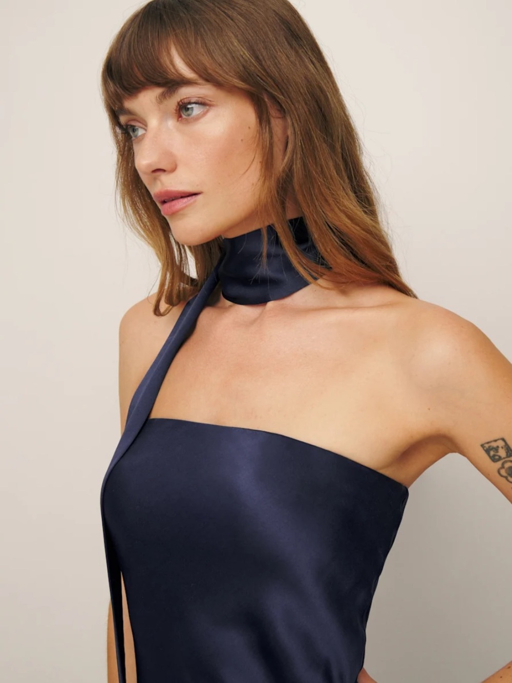 Reformation Navy Blue Strapless Satin Gown - Picture 4 of 9